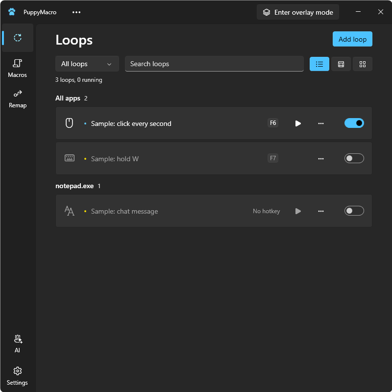 The Loops page of PuppyMacro with three loops