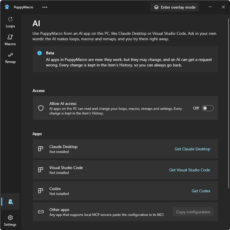 The AI page of PuppyMacro, with Allow AI access and the apps to connect