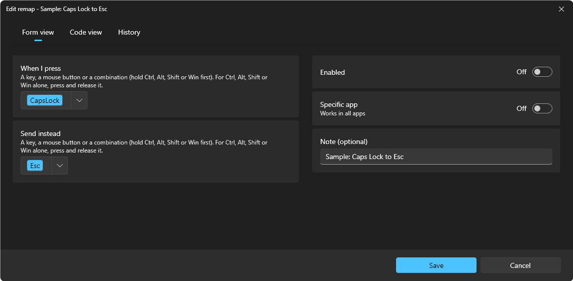 The Edit remap window: Caps Lock sends Esc in all apps